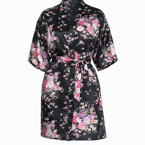 Women's Floral Black Short Satin Kimono Robe Size XL (NWT)